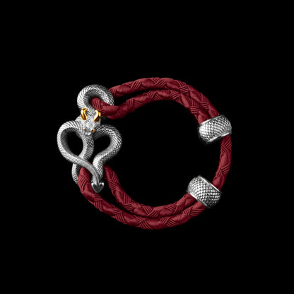 Demon Serpent Rope Bracelet 18K White Gold Plated White Bronze 24K Gold Plated Silver 4mm Braided Rope Jujube Red Black Background