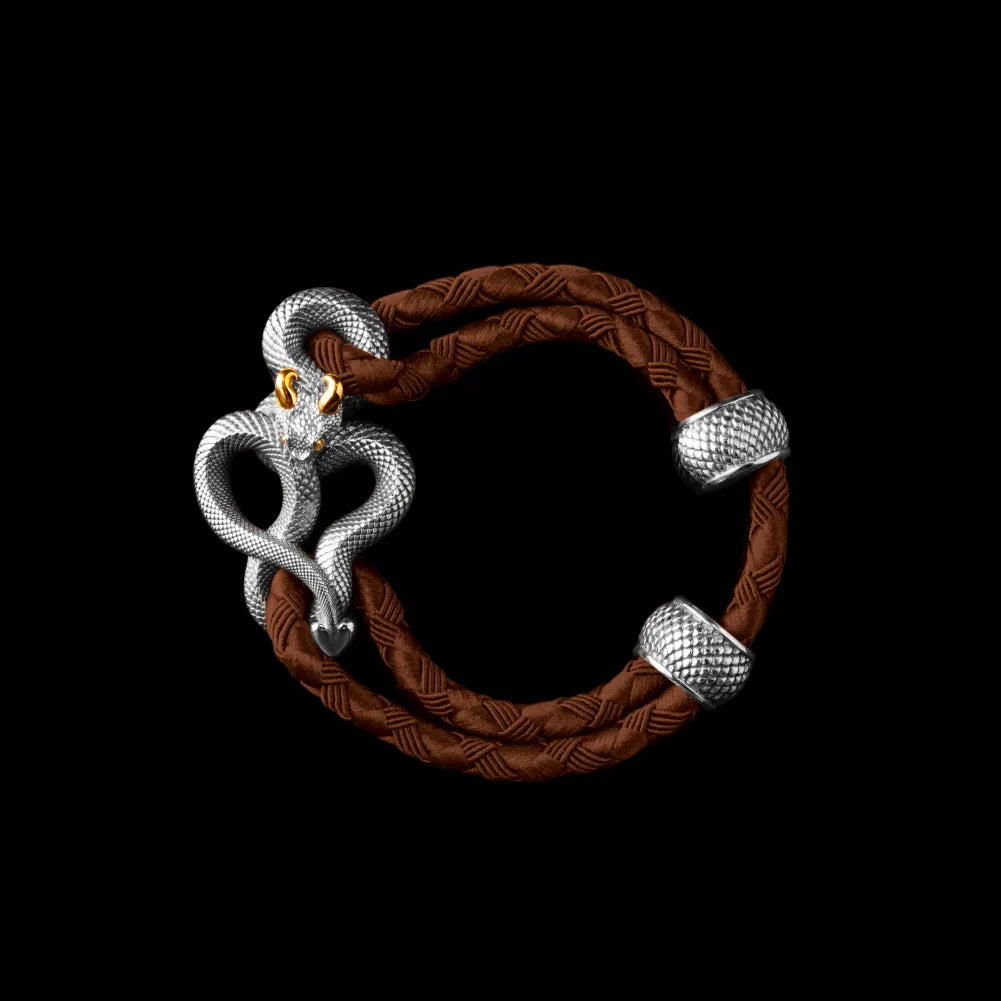 Demon Serpent Rope Bracelet 18K White Gold Plated White Bronze 24K Gold Plated Silver 4mm Braided Rope Light Brown Black Background