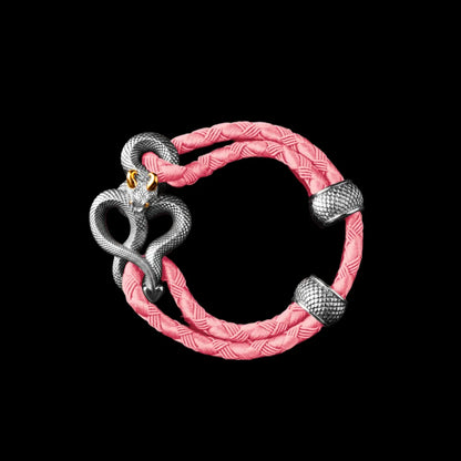 Demon Serpent Rope Bracelet 18K White Gold Plated White Bronze 24K Gold Plated Silver 4mm Braided Rope Light Pink Black Background