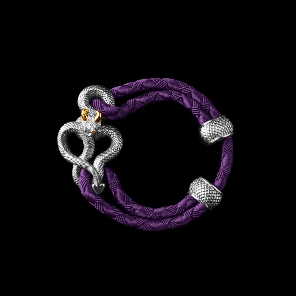 Demon Serpent Rope Bracelet 18K White Gold Plated White Bronze 24K Gold Plated Silver 4mm Braided Rope Purple Black Background