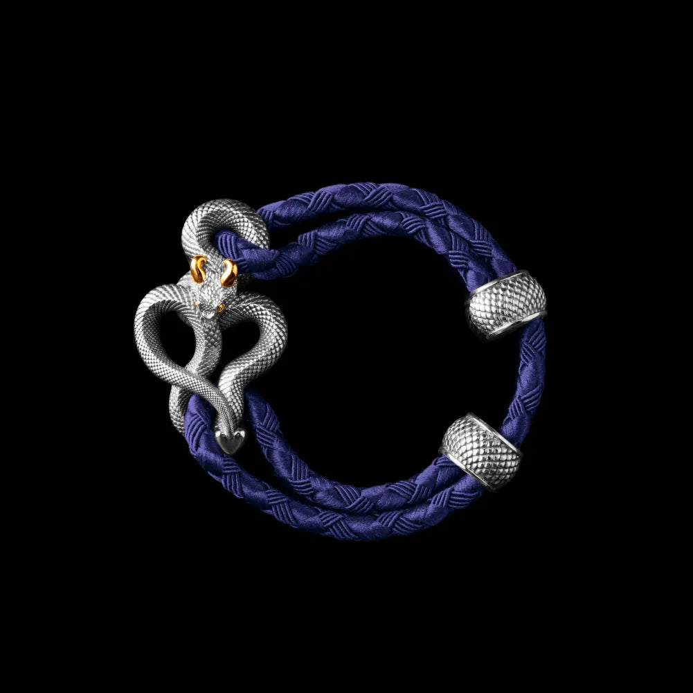 Demon Serpent Rope Bracelet 18K White Gold Plated White Bronze 24K Gold Plated Silver 4mm Braided Rope Vivid Blue Black Background