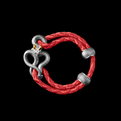 Demon Serpent Rope Bracelet 18K White Gold Plated White Bronze 24K Gold Plated Silver 4mm Braided Rope Watermelon Red Black Background