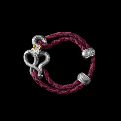 Demon Serpent Rope Bracelet 18K White Gold Plated White Bronze 24K Gold Plated Silver 4mm Braided Rope Wine Red Black Background
