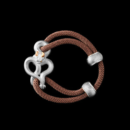 Demon Serpent Rope Bracelet 18K White Gold Plated White Bronze 24K Gold Plated Silver 4mm Milan Rope Apricot Black Background