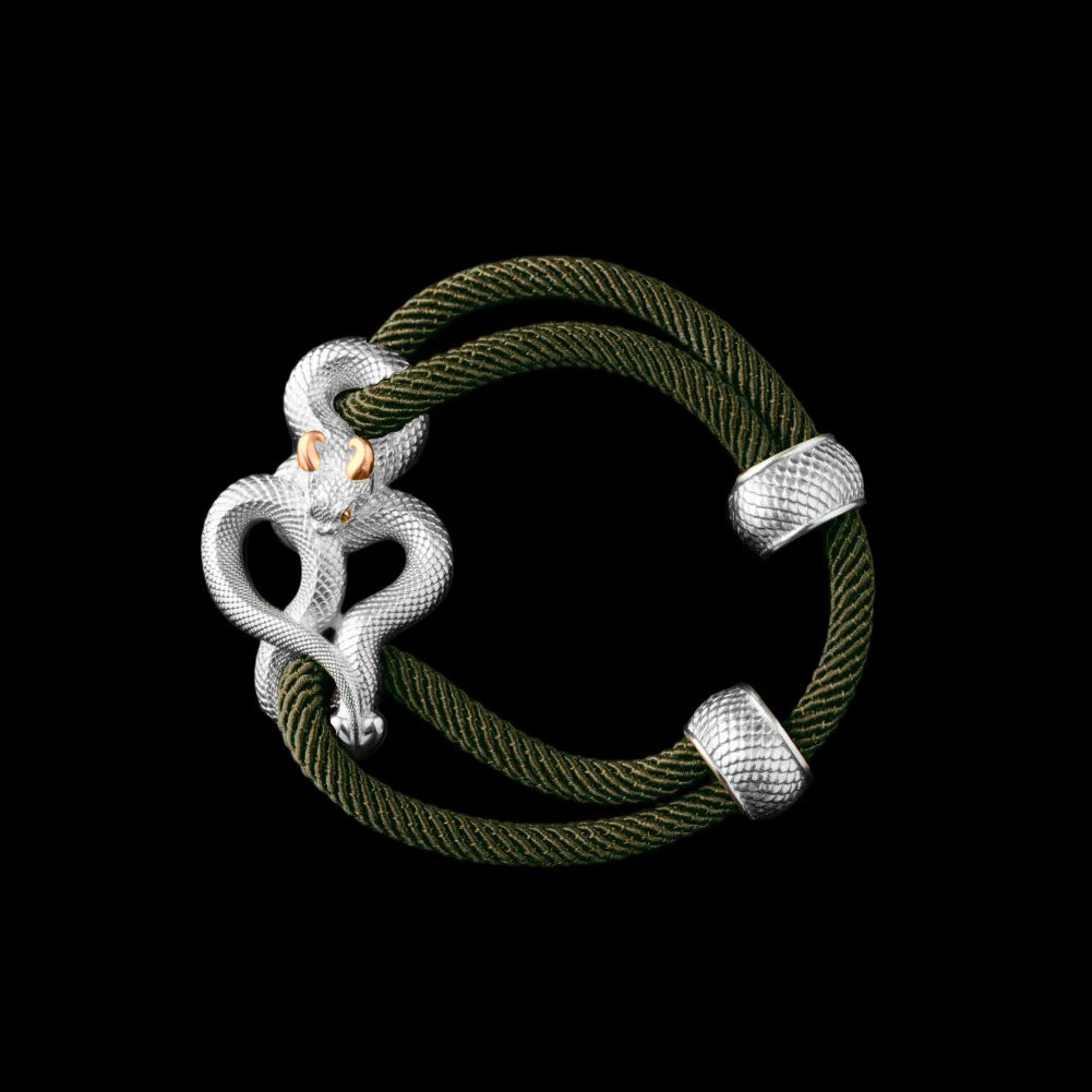 Demon Serpent Rope Bracelet 18K White Gold Plated White Bronze 24K Gold Plated Silver 4mm Milan Rope Army Green Black Background