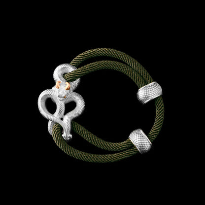 Demon Serpent Rope Bracelet 18K White Gold Plated White Bronze 24K Gold Plated Silver 4mm Milan Rope Army Green Black Background