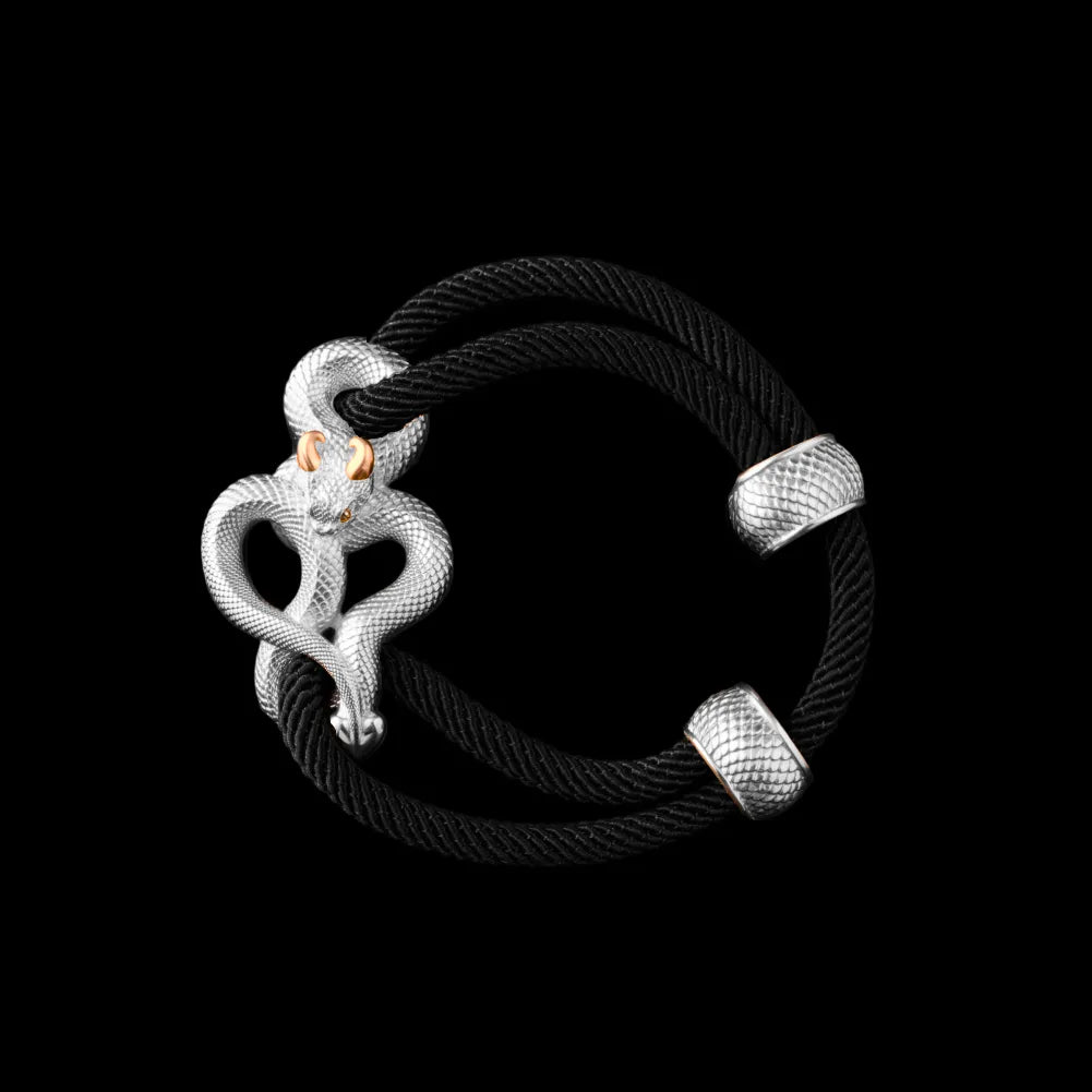 Demon Serpent Rope Bracelet 18K White Gold Plated White Bronze 24K Gold Plated Silver 4mm Milan Rope Black Black Background