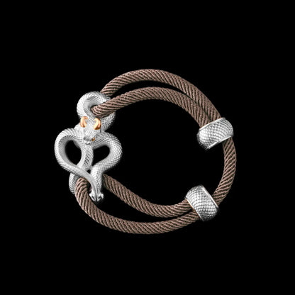 Demon Serpent Rope Bracelet 18K White Gold Plated White Bronze 24K Gold Plated Silver 4mm Milan Rope Camel Black Background