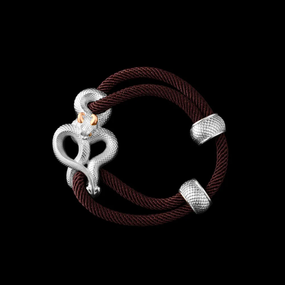 Demon Serpent Rope Bracelet 18K White Gold Plated White Bronze 24K Gold Plated Silver 4mm Milan Rope Coffee Black Background