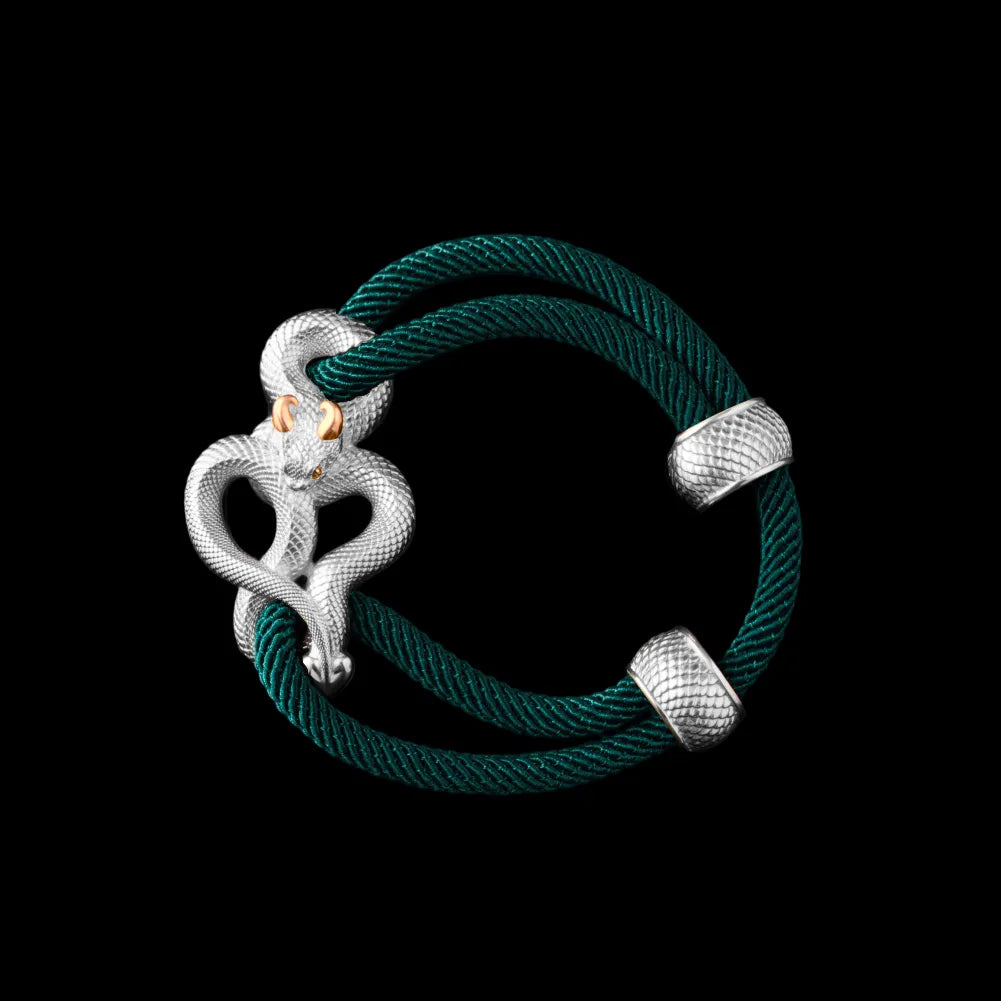 Demon Serpent Rope Bracelet 18K White Gold Plated White Bronze 24K Gold Plated Silver 4mm Milan Rope Dark Green Black Background