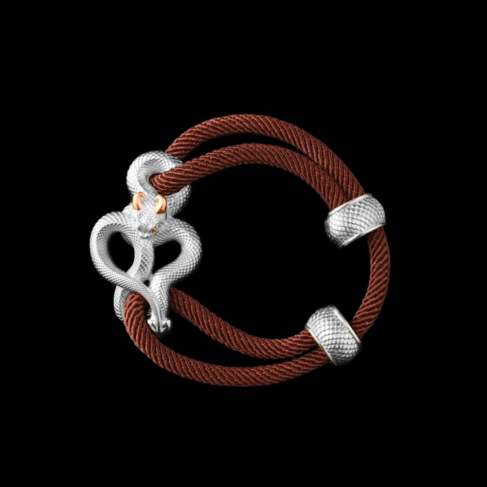 Demon Serpent Rope Bracelet 18K White Gold Plated White Bronze 24K Gold Plated Silver 4mm Milan Rope Dark Orange Black Background