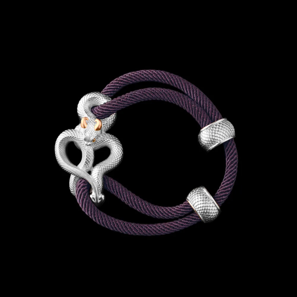 Demon Serpent Rope Bracelet 18K White Gold Plated White Bronze 24K Gold Plated Silver 4mm Milan Rope Dark Purple Black Background