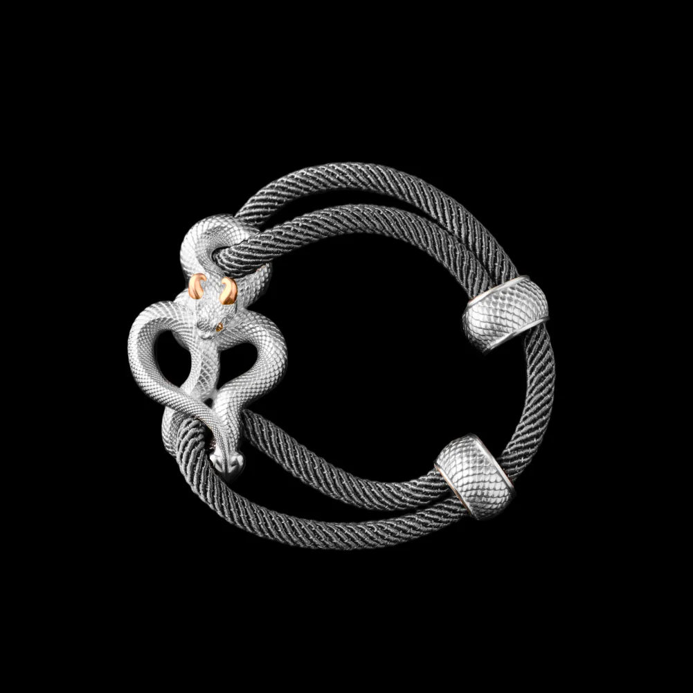 Demon Serpent Rope Bracelet 18K White Gold Plated White Bronze 24K Gold Plated Silver 4mm Milan Rope Gray Black Background