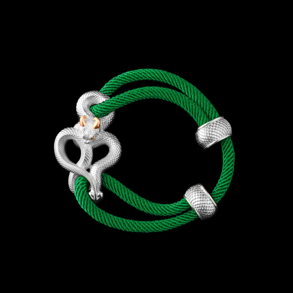 Demon Serpent Rope Bracelet 18K White Gold Plated White Bronze 24K Gold Plated Silver 4mm Milan Rope Green Black Background