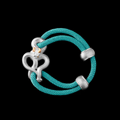 Demon Serpent Rope Bracelet 18K White Gold Plated White Bronze 24K Gold Plated Silver 4mm Milan Rope Light Blue Black Background