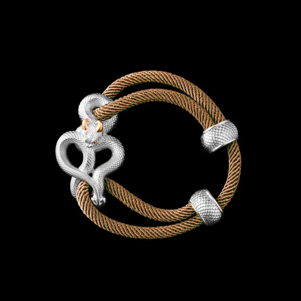Demon Serpent Rope Bracelet 18K White Gold Plated White Bronze 24K Gold Plated Silver 4mm Milan Rope Light Khaki Black Background