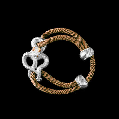 Demon Serpent Rope Bracelet 18K White Gold Plated White Bronze 24K Gold Plated Silver 4mm Milan Rope Light Khaki Black Background