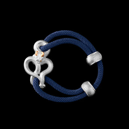 Demon Serpent Rope Bracelet 18K White Gold Plated White Bronze 24K Gold Plated Silver 4mm Milan Rope Navy Blue Black Background