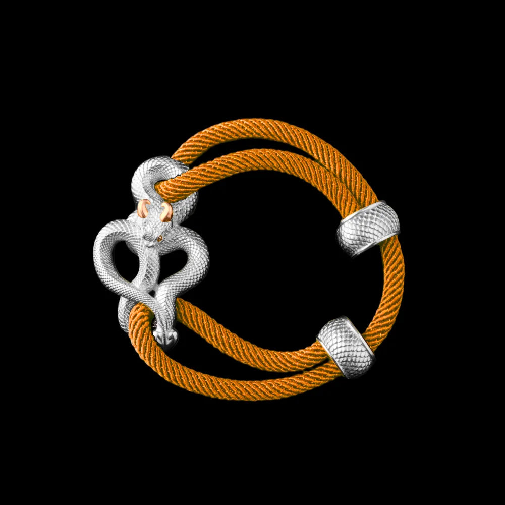 Demon Serpent Rope Bracelet 18K White Gold Plated White Bronze 24K Gold Plated Silver 4mm Milan Rope Ochre Black Background