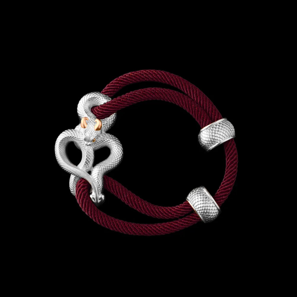 Demon Serpent Rope Bracelet 18K White Gold Plated White Bronze 24K Gold Plated Silver 4mm Milan Rope Red Velvet Black Background