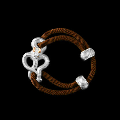 Demon Serpent Rope Bracelet 18K White Gold Plated White Bronze 24K Gold Plated Silver 4mm Milan Rope Reddish Brown Black Background