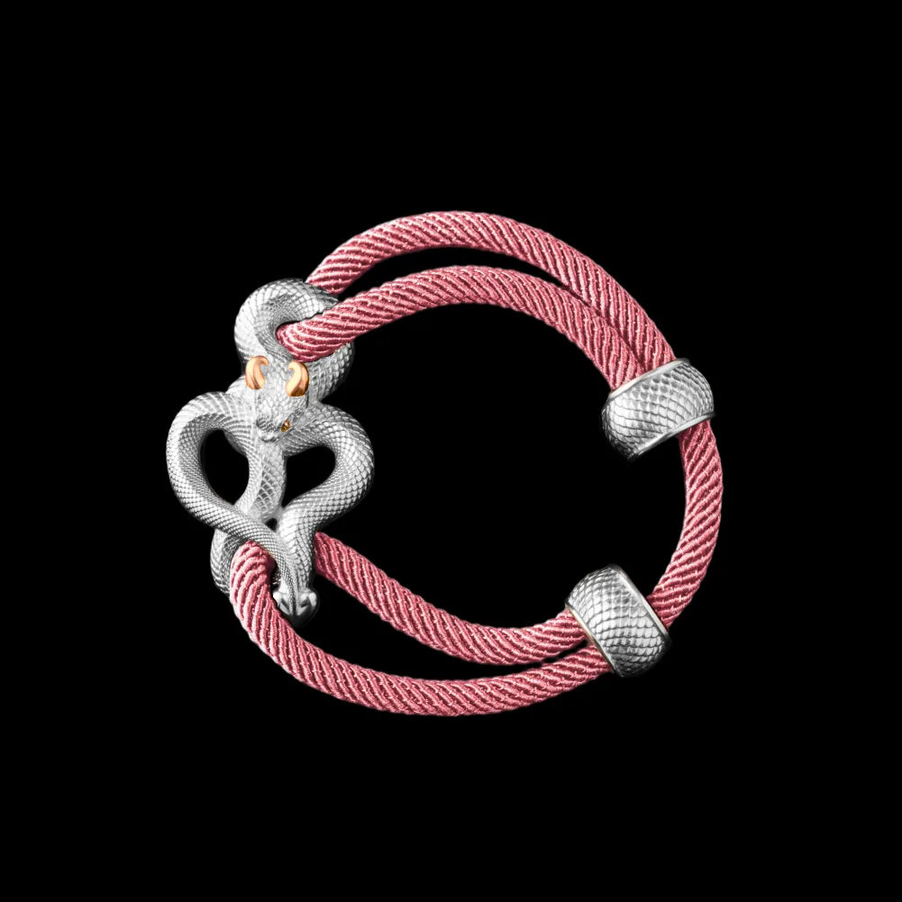 Demon Serpent Rope Bracelet 18K White Gold Plated White Bronze 24K Gold Plated Silver 4mm Milan Rope Strawberry Cream Black Background