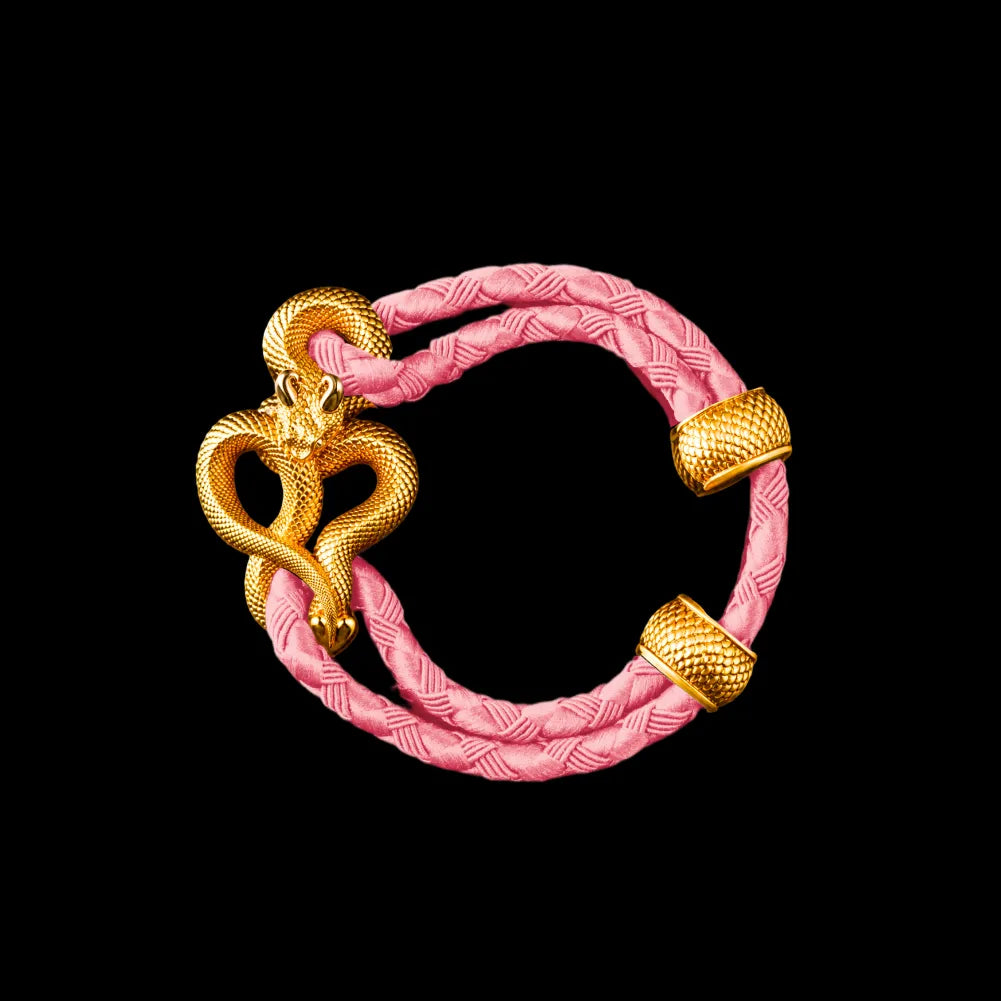 Demon Serpent Rope Bracelet 24K Gold 4mm Braided Rope Light Pink Black Background