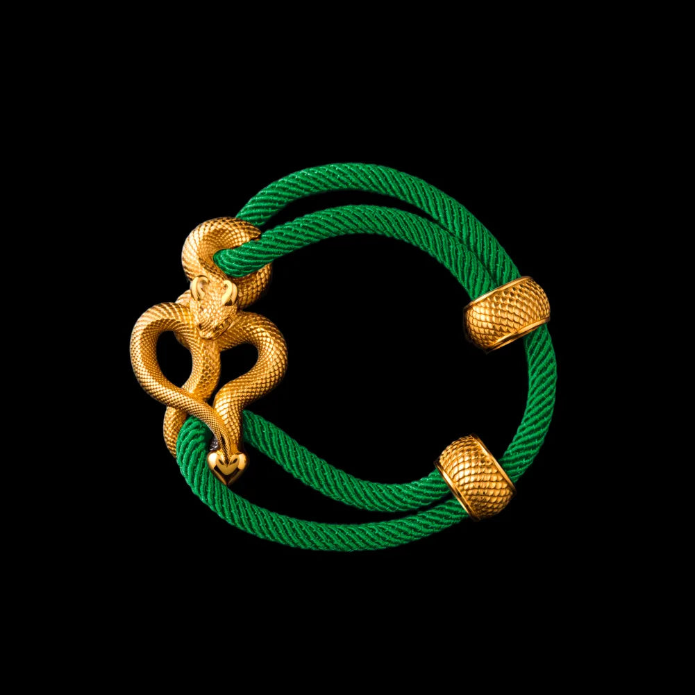 Demon Serpent Rope Bracelet 24K Gold 4mm Milan Rope Green Black Background