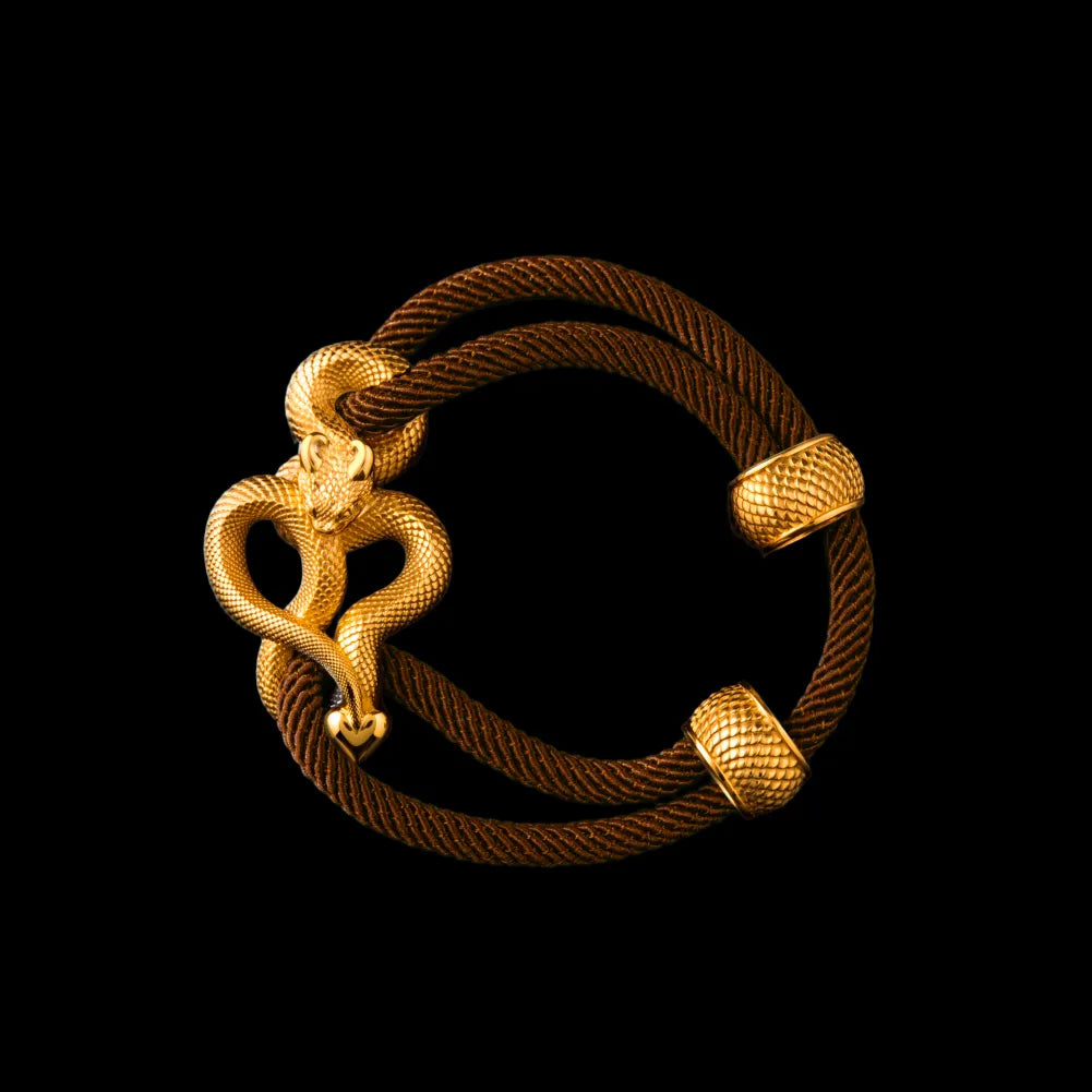 Demon Serpent Rope Bracelet 24K Gold 4mm Milan Rope Reddish Brown Black Background