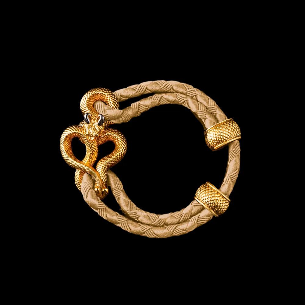 Demon Serpent Rope Bracelet 24K Gold Plated Brass 18K White Gold Plated Silver 4mm Braided Rope Beige Black Background