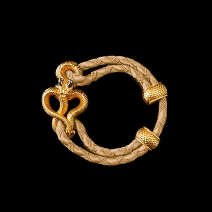 Demon Serpent Rope Bracelet 24K Gold Plated Brass 18K White Gold Plated Silver 4mm Braided Rope Beige Black Background