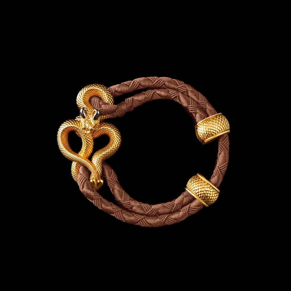 Demon Serpent Rope Bracelet 24K Gold Plated Brass 18K White Gold Plated Silver 4mm Braided Rope Dark Beige Black Background