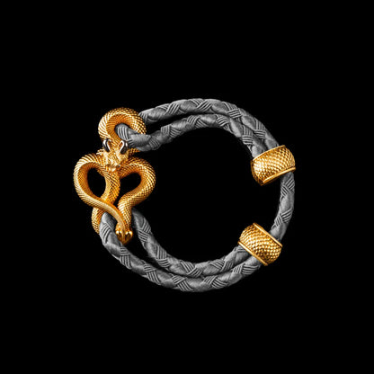 Demon Serpent Rope Bracelet 24K Gold Plated Brass 18K White Gold Plated Silver 4mm Braided Rope Gray Black Background