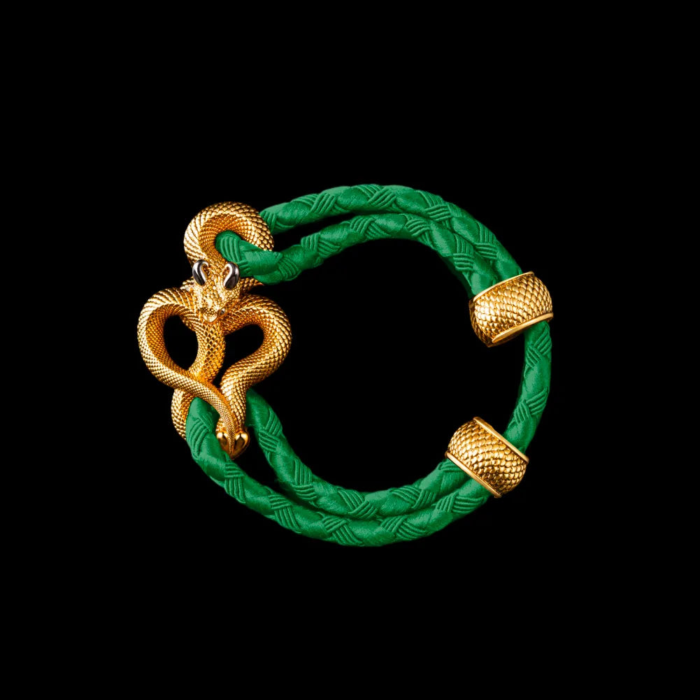 Demon Serpent Rope Bracelet 24K Gold Plated Brass 18K White Gold Plated Silver 4mm Braided Rope Green Black Background