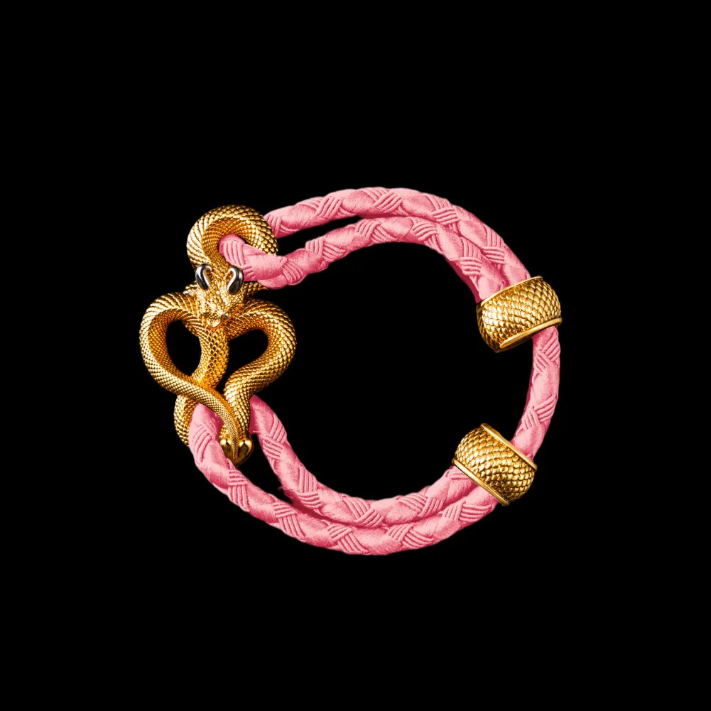 Demon Serpent Rope Bracelet 24K Gold Plated Brass 18K White Gold Plated Silver 4mm Braided Rope Light Pink Black Background