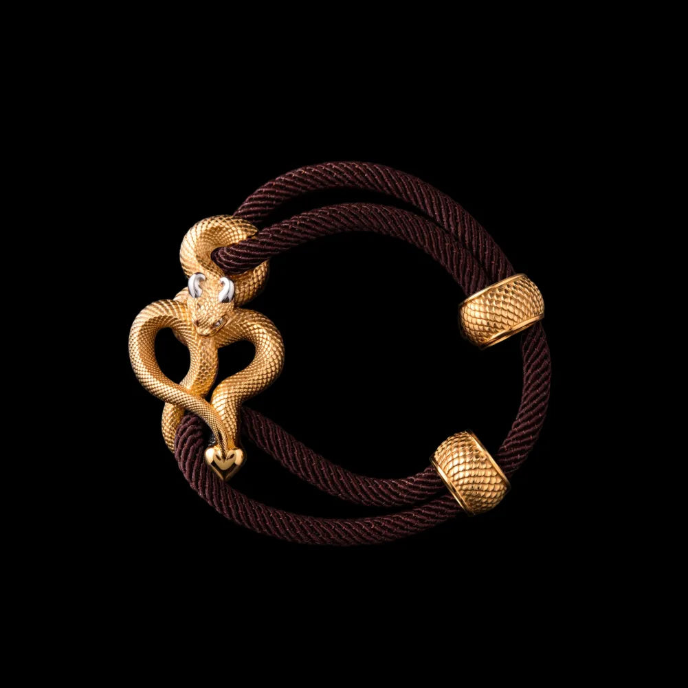 Demon Serpent Rope Bracelet 24K Gold Plated Brass 18K White Gold Plated Silver 4mm Milan Rope Coffee Black Background