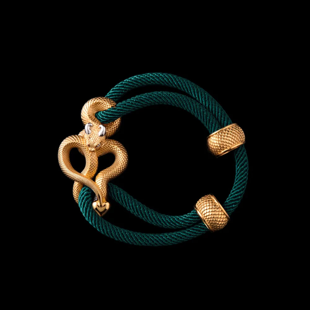 Demon Serpent Rope Bracelet 24K Gold Plated Brass 18K White Gold Plated Silver 4mm Milan Rope Dark Green Black Background