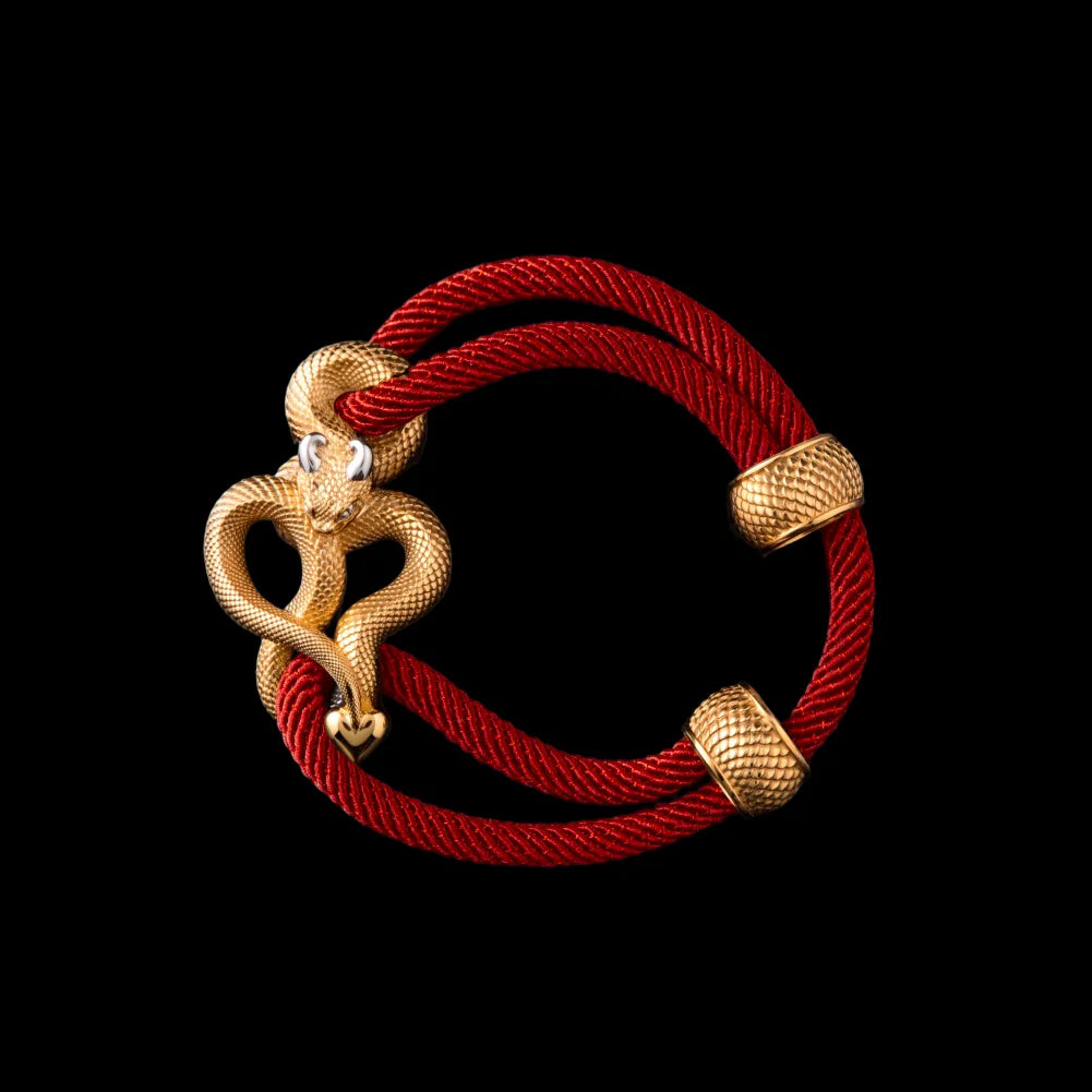 Demon Serpent Rope Bracelet 24K Gold Plated Brass 18K White Gold Plated Silver 4mm Milan Rope Fiery Red Black Background