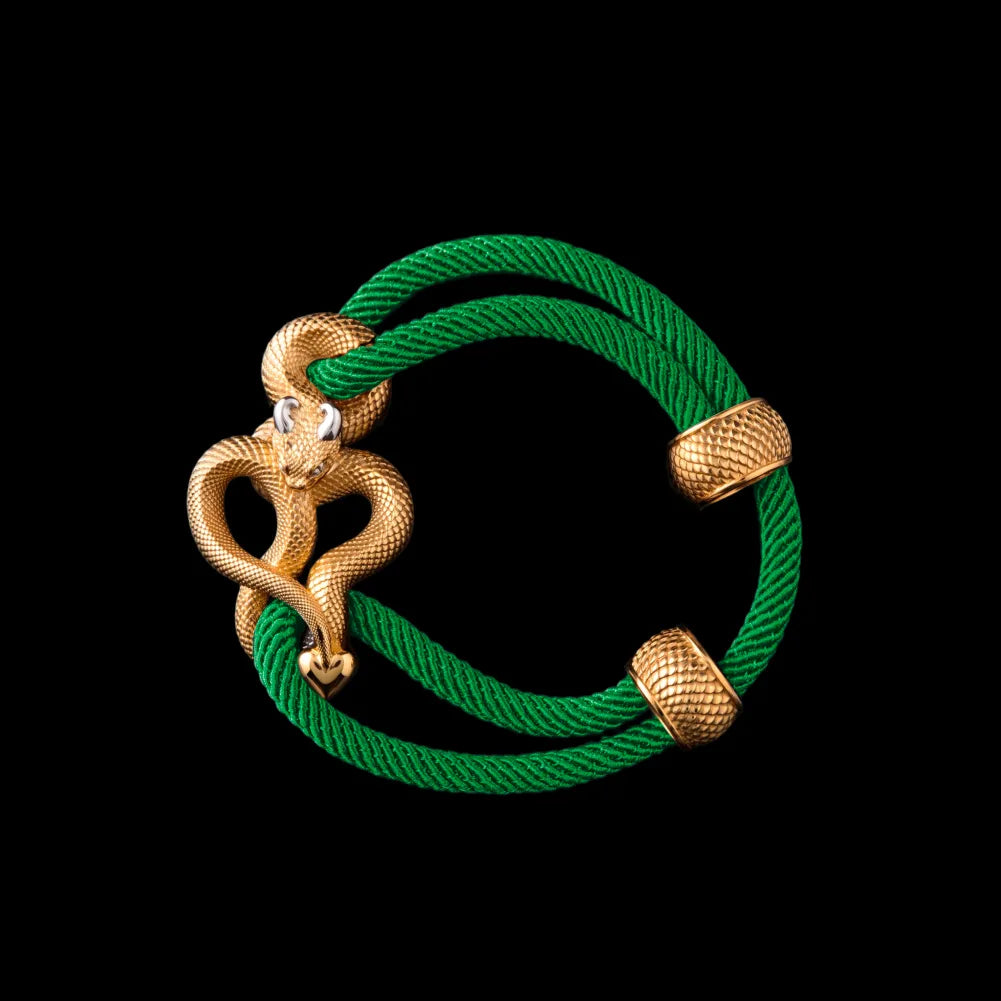 Demon Serpent Rope Bracelet 24K Gold Plated Brass 18K White Gold Plated Silver 4mm Milan Rope Green Black Background