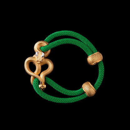 Demon Serpent Rope Bracelet 24K Gold Plated Brass 18K White Gold Plated Silver 4mm Milan Rope Green Black Background