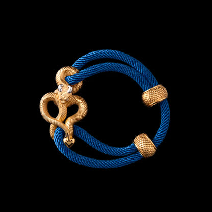 Demon Serpent Rope Bracelet 24K Gold Plated Brass 18K White Gold Plated Silver 4mm Milan Rope Indigo Black Background