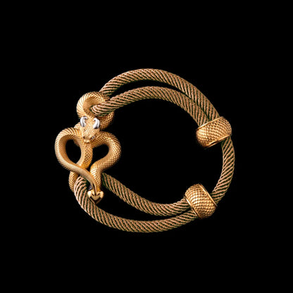 Demon Serpent Rope Bracelet 24K Gold Plated Brass 18K White Gold Plated Silver 4mm Milan Rope Light Khaki Black Background