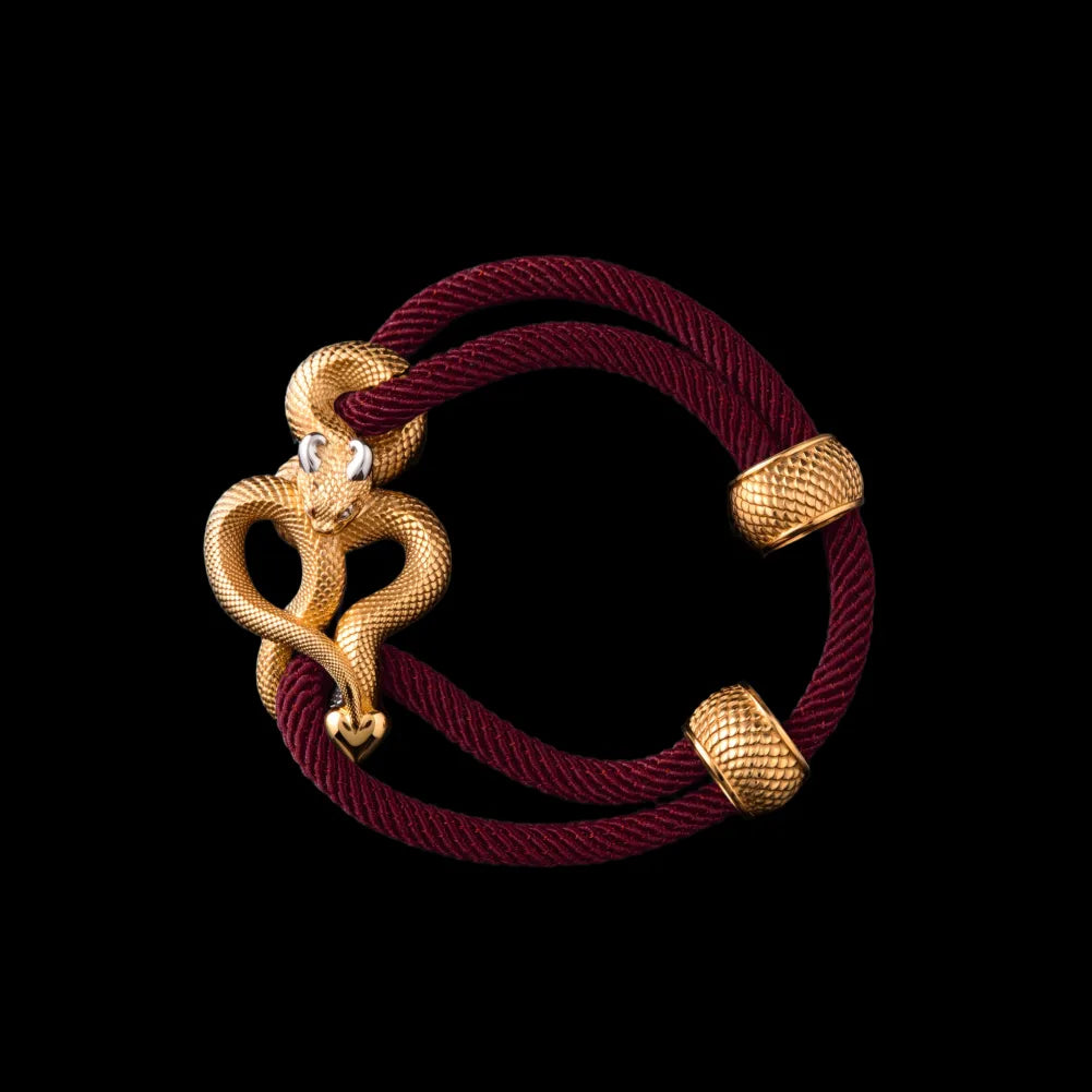 Demon Serpent Rope Bracelet 24K Gold Plated Brass 18K White Gold Plated Silver 4mm Milan Rope Red Velvet Black Background