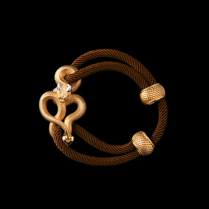 Demon Serpent Rope Bracelet 24K Gold Plated Brass 18K White Gold Plated Silver 4mm Milan Rope Reddish Brown Black Background