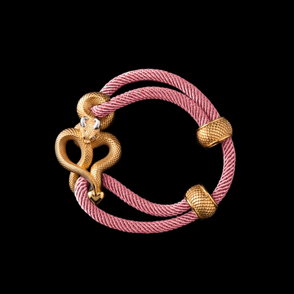 Demon Serpent Rope Bracelet 24K Gold Plated Brass 18K White Gold Plated Silver 4mm Milan Rope Strawberry Cream Black Background