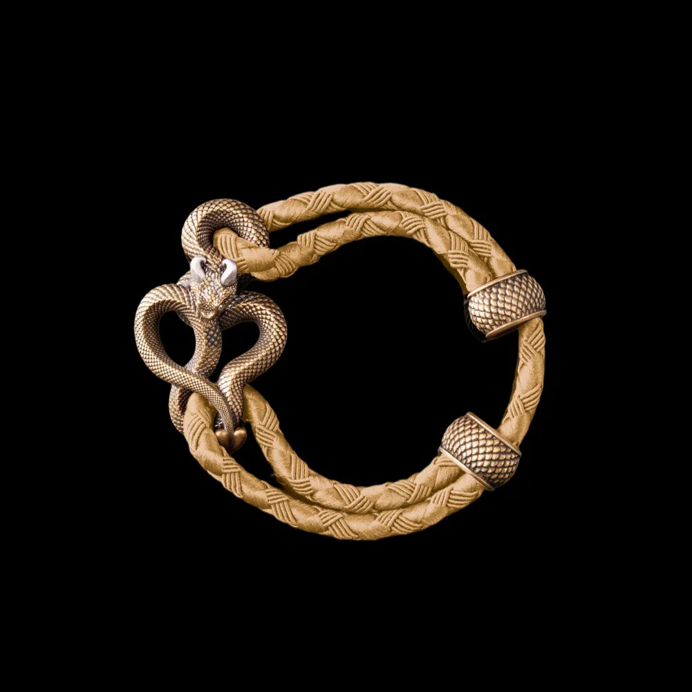 Demon Serpent Rope Bracelet Brass Ox Silver 4mm Braided Rope Beige Black Background