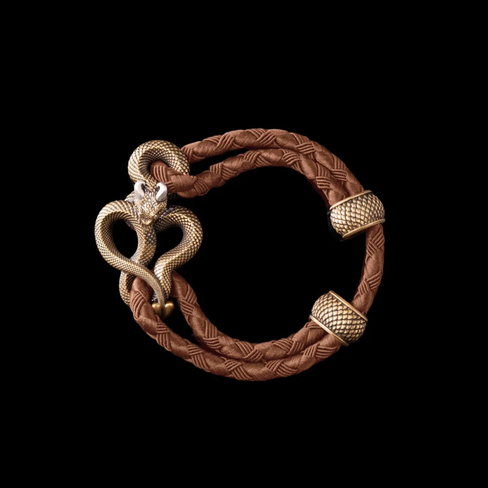 Demon Serpent Rope Bracelet Brass Ox Silver 4mm Braided Rope Dark Beige Black Background