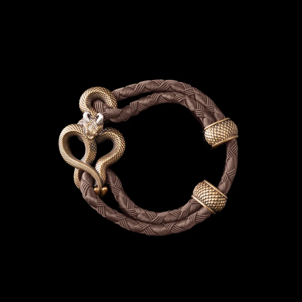 Demon Serpent Rope Bracelet Brass Ox Silver 4mm Braided Rope Dark Brown Black Background