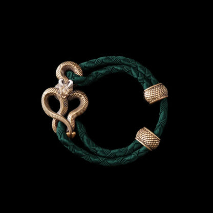 Demon Serpent Rope Bracelet Brass Ox Silver 4mm Braided Rope Dark Green Black Background