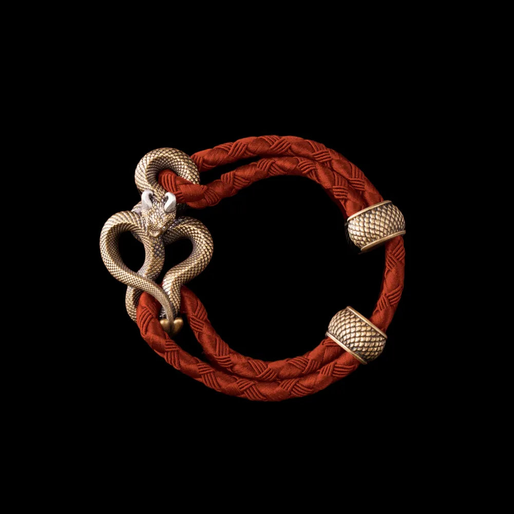 Demon Serpent Rope Bracelet Brass Ox Silver 4mm Braided Rope Deep Orange Black Background